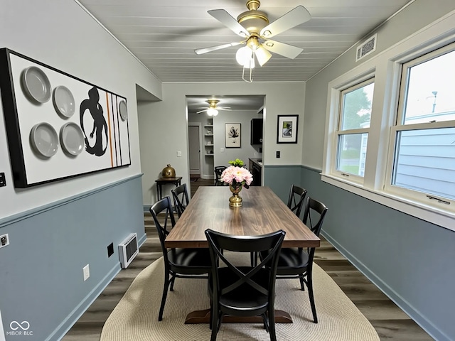 1627 E 8th St, Anderson, IN 46012 - dining space featuring dark wood finished floors, visible vents, and ceiling fan