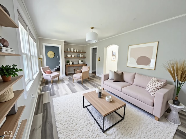 1627 E 8th St, Anderson, IN 46012 - living area featuring baseboards, built in shelves, crown molding, and wood finished floors