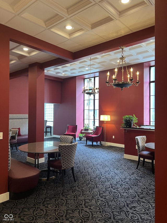 carpeted dining space featuring coffered ceiling, beam ceiling, baseboards, and an inviting chandelier