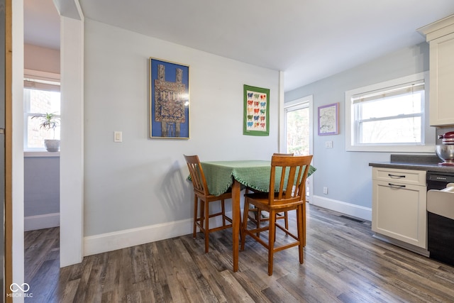 dining room featuring baseboards, dark wood-style floors, and a wealth of natural light