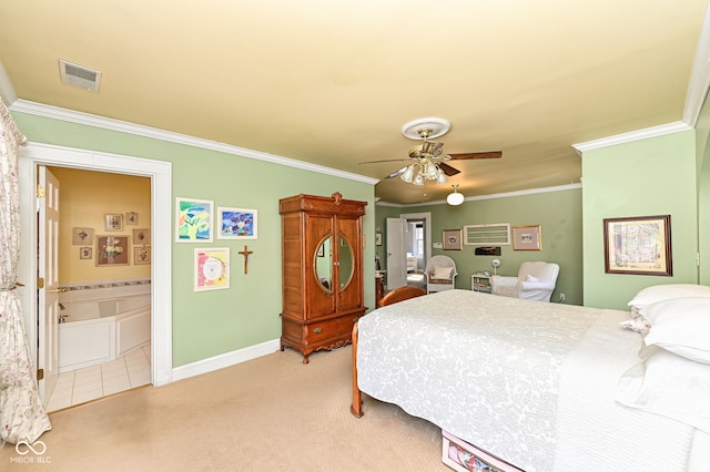 bedroom featuring visible vents, ornamental molding, light carpet, baseboards, and ensuite bathroom