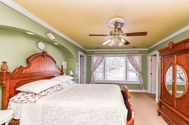 bedroom featuring visible vents, ornamental molding, carpet, and baseboards