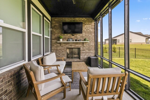 15755 Scher Dr, Westfield, IN 46074 - sunroom with an outdoor brick fireplace