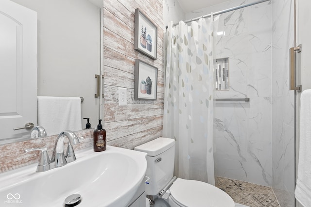358 Terrace Ave, Indianapolis, IN 46225 - full bathroom featuring toilet, a sink, and a marble finish shower