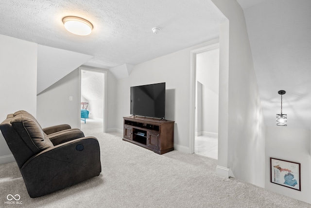 358 Terrace Ave, Indianapolis, IN 46225 - carpeted living room with baseboards, lofted ceiling, and a textured ceiling