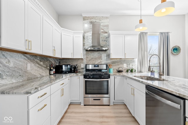 358 Terrace Ave, Indianapolis, IN 46225 - kitchen featuring stainless steel appliances, white cabinetry, a sink, wall chimney range hood, and backsplash