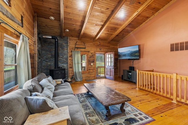 6351 Dixon Rd, Columbus, IN 47201 - living room featuring beam ceiling, a wood stove, high vaulted ceiling, and visible vents