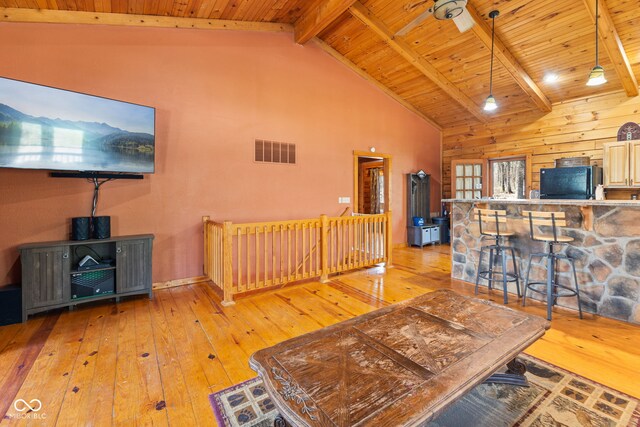 6351 Dixon Rd, Columbus, IN 47201 - living room with light wood-type flooring, visible vents, beamed ceiling, high vaulted ceiling, and wooden ceiling