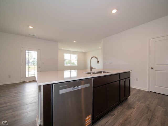 915 Saddlebrook Farms Blvd, Whiteland, IN 46184 - kitchen with dishwasher, dark wood-type flooring, light countertops, recessed lighting, and open floor plan