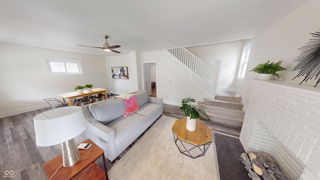 926 N Dearborn St, Indianapolis, IN 46201 - living room with a ceiling fan, stairway, baseboards, and wood finished floors