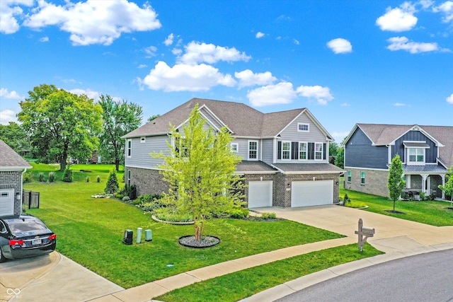 view of front of home with a front yard, a garage, stone siding, and concrete driveway