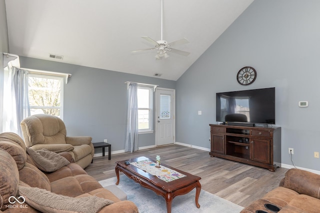 329 Dogwood Dr, Pendleton, IN 46064 - living room featuring a ceiling fan, high vaulted ceiling, healthy amount of natural light, and baseboards