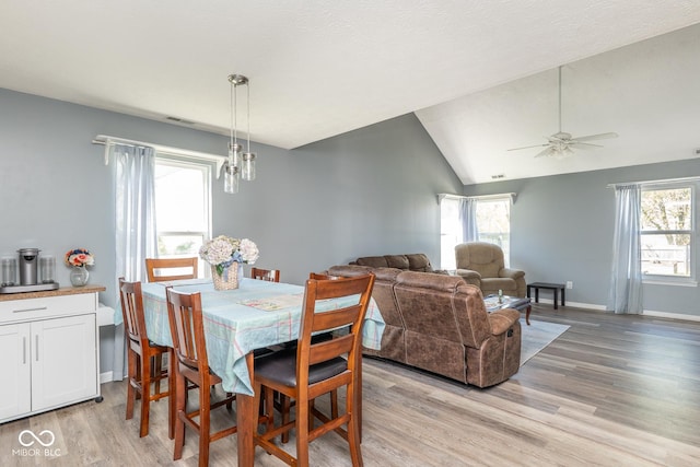 329 Dogwood Dr, Pendleton, IN 46064 - dining space featuring lofted ceiling, light wood-style flooring, plenty of natural light, baseboards, and ceiling fan