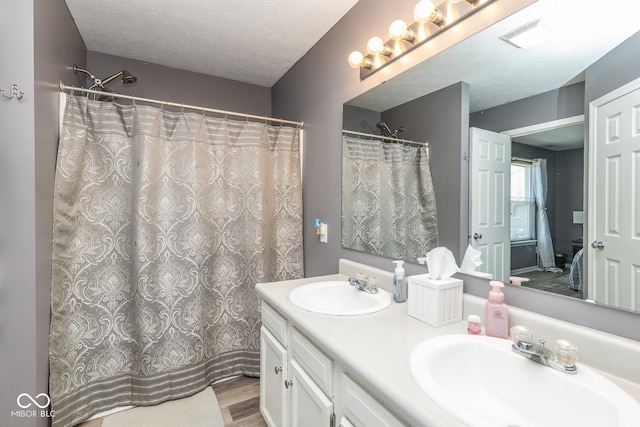329 Dogwood Dr, Pendleton, IN 46064 - bathroom with double vanity, wood finished floors, and a textured ceiling