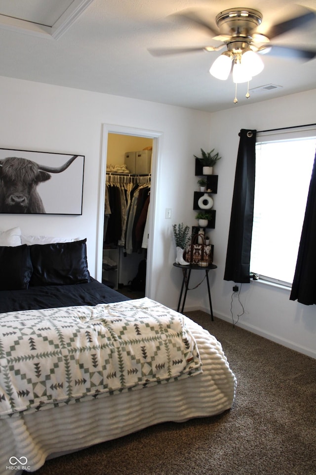 981 Redwood Dr, Franklin, IN 46131 - bedroom featuring a spacious closet, carpet floors, a closet, and ceiling fan