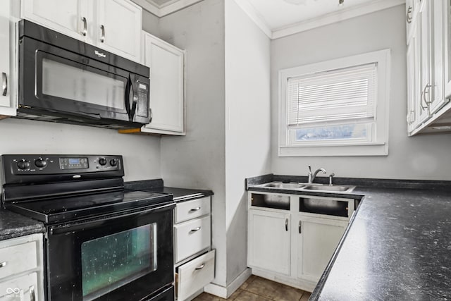 kitchen featuring ornamental molding, dark countertops, white cabinets, black appliances, and a sink