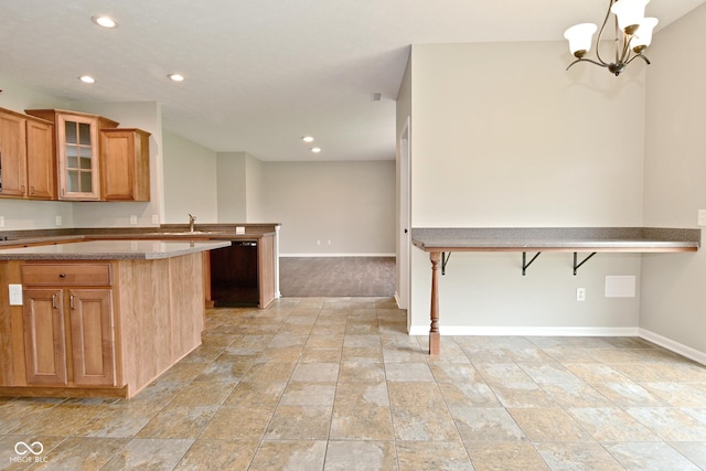 kitchen with glass insert cabinets, a peninsula, baseboards, black dishwasher, and recessed lighting