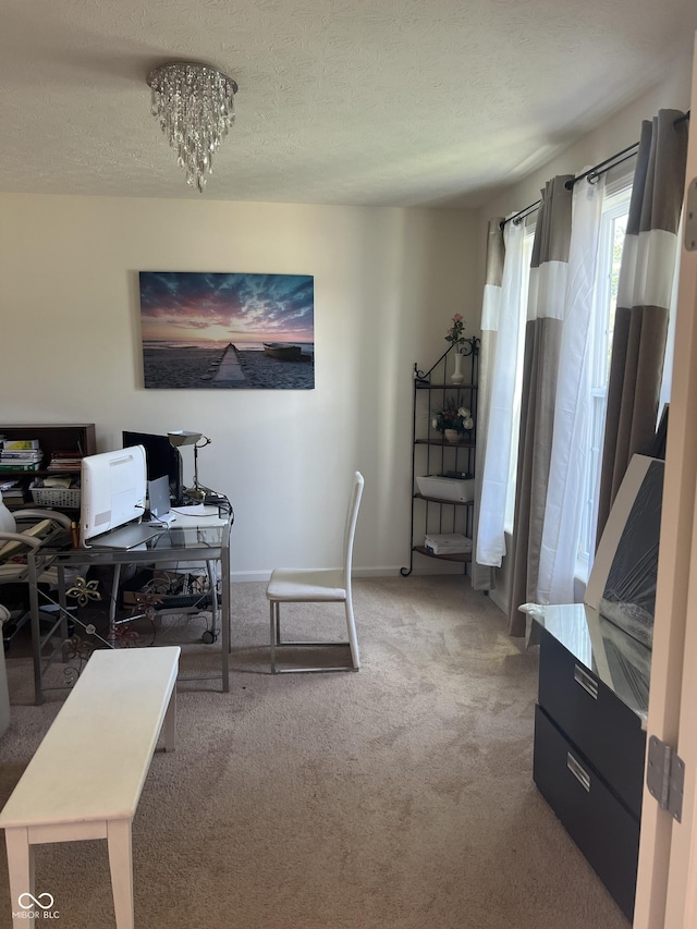 office with baseboards, a textured ceiling, and light colored carpet