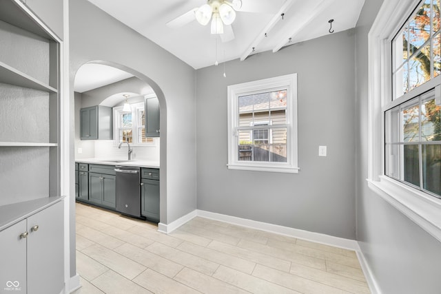 interior space with stainless steel dishwasher, a wealth of natural light, a sink, and a ceiling fan