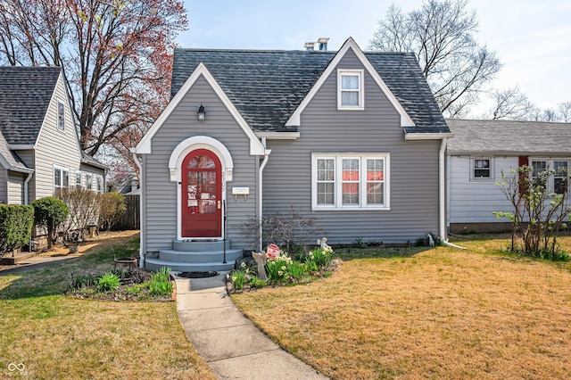 view of front facade featuring roof with shingles and a front lawn
