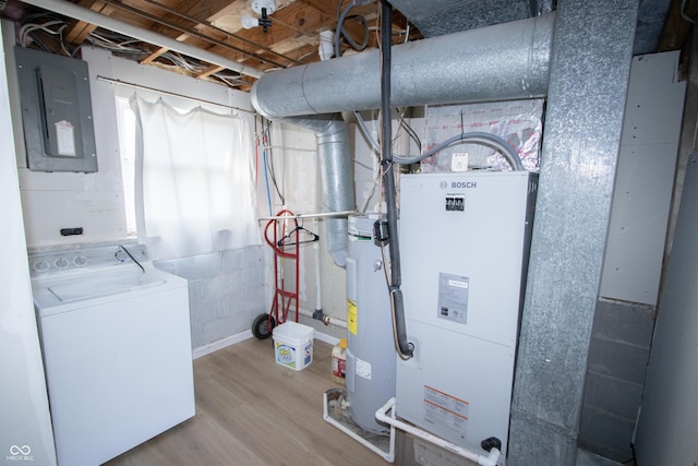 utilities with washer / dryer, water heater, heating unit, and electric panel