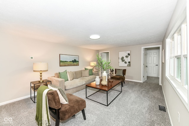 2420 Goose Creek Rd, Martinsville, IN 46151 - living room featuring visible vents, baseboards, carpet flooring, and a textured ceiling