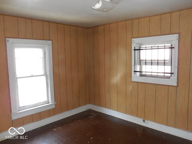 923 Woodview Blvd, Fort Wayne, IN 46806 - empty room with baseboards, dark wood-style floors, wood walls, and plenty of natural light