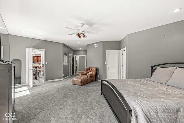bedroom featuring recessed lighting, carpet, baseboards, visible vents, and a ceiling fan