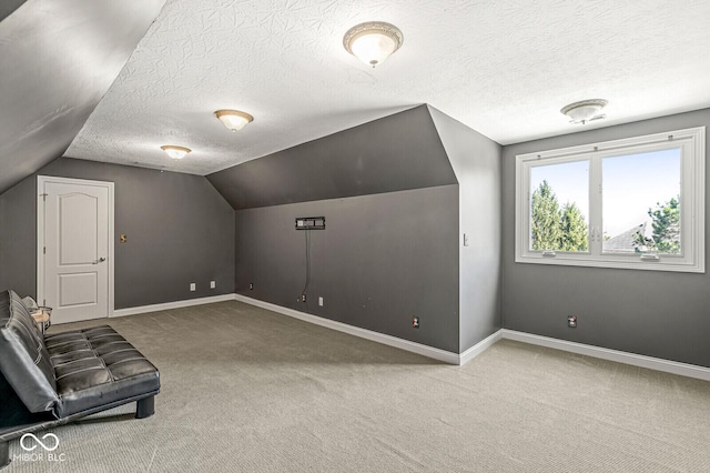 additional living space with carpet, baseboards, vaulted ceiling, and a textured ceiling