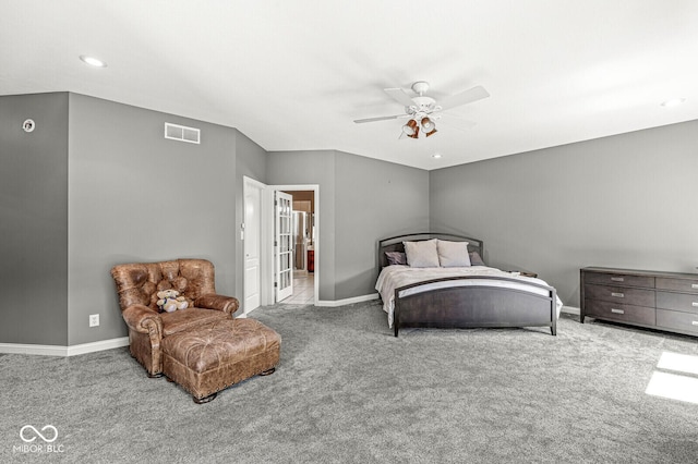 carpeted bedroom featuring recessed lighting, a ceiling fan, visible vents, and baseboards