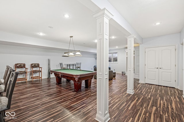 recreation room with recessed lighting, baseboards, pool table, ornate columns, and dark wood finished floors