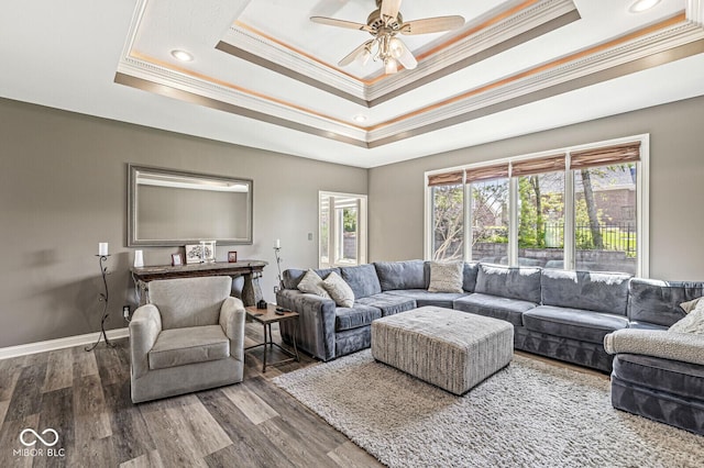 living area featuring a wealth of natural light, crown molding, and a tray ceiling