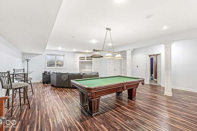playroom with dark wood finished floors, baseboards, decorative columns, and recessed lighting