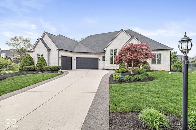 french provincial home with a front yard, driveway, an attached garage, and brick siding