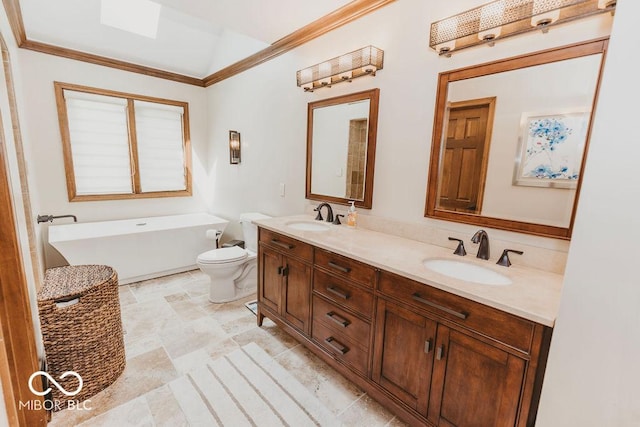 6712 Forrest Commons Blvd, Indianapolis, IN 46227 - bathroom with crown molding, a sink, a freestanding tub, and lofted ceiling