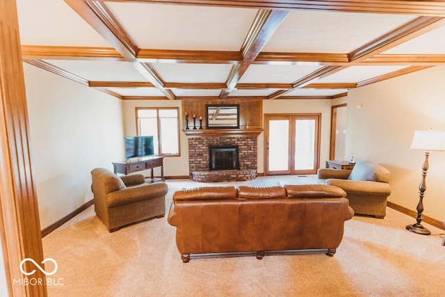 6712 Forrest Commons Blvd, Indianapolis, IN 46227 - carpeted living area with beam ceiling, a wealth of natural light, a brick fireplace, and baseboards
