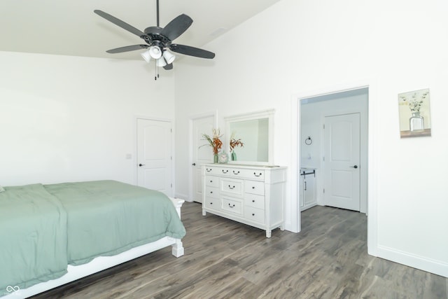 8267 W County Road 350 S, Shirley, IN 47384 - bedroom with baseboards, high vaulted ceiling, wood finished floors, and a ceiling fan