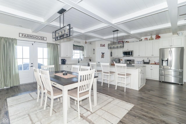8267 W County Road 350 S, Shirley, IN 47384 - dining space with coffered ceiling, beamed ceiling, and dark wood-style flooring