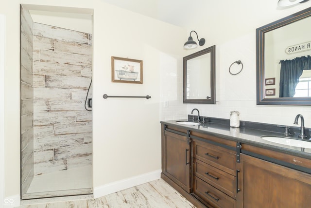 8267 W County Road 350 S, Shirley, IN 47384 - full bath featuring double vanity, a sink, backsplash, and tiled shower