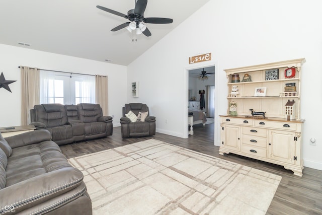 8267 W County Road 350 S, Shirley, IN 47384 - living area featuring high vaulted ceiling, visible vents, baseboards, a ceiling fan, and dark wood finished floors