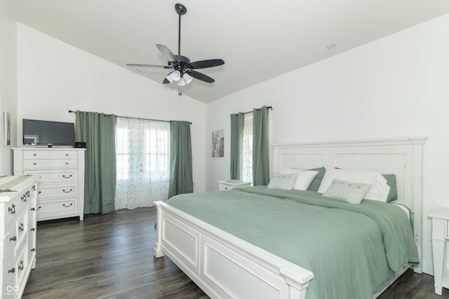 8267 W County Road 350 S, Shirley, IN 47384 - bedroom featuring dark wood-style floors, lofted ceiling, ceiling fan, and visible vents