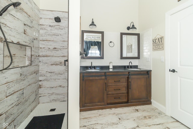 8267 W County Road 350 S, Shirley, IN 47384 - full bath with decorative backsplash, double vanity, a sink, and tiled shower
