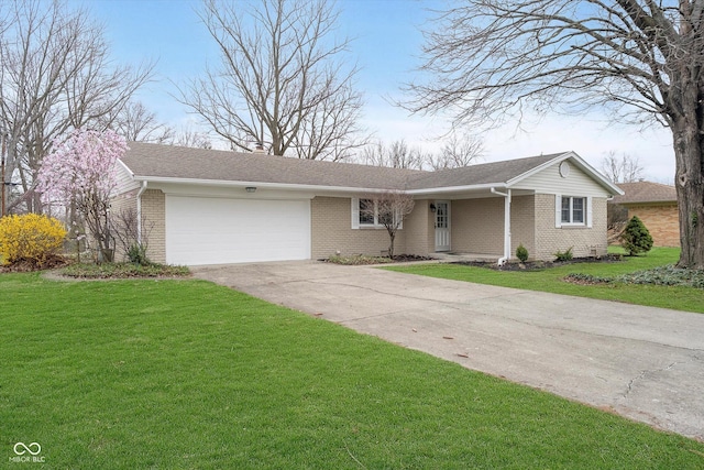1313 Roseway Dr, Indianapolis, IN 46219 - ranch-style house with driveway, an attached garage, brick siding, a front lawn, and a shingled roof