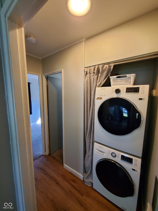 2612 Midlex Ct, Lafayette, IN 47904 - washroom with estacked washer and dryer and wood finished floors