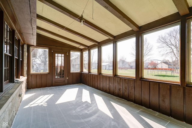 6047 W 56th St, Indianapolis, IN 46254 - unfurnished sunroom with lofted ceiling with beams and wood walls