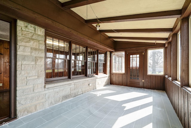 6047 W 56th St, Indianapolis, IN 46254 - unfurnished sunroom featuring vaulted ceiling with beams
