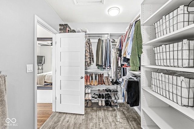 5028 Graceland Ave, Indianapolis, IN 46208 - walk in closet featuring wood finished floors and attic access