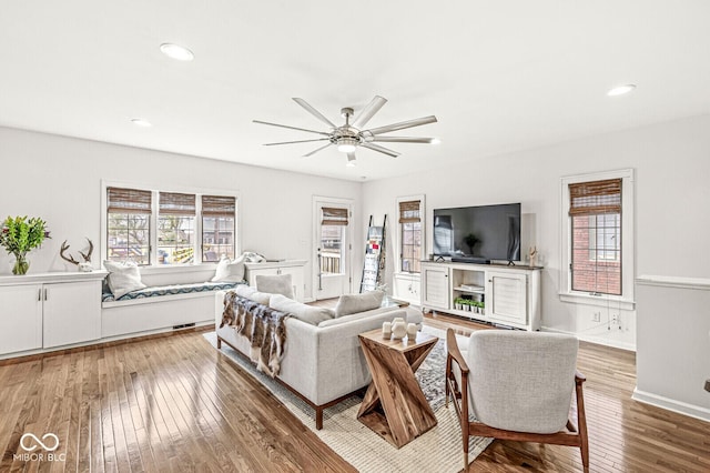 5028 Graceland Ave, Indianapolis, IN 46208 - living room with recessed lighting, baseboards, a ceiling fan, and hardwood / wood-style flooring