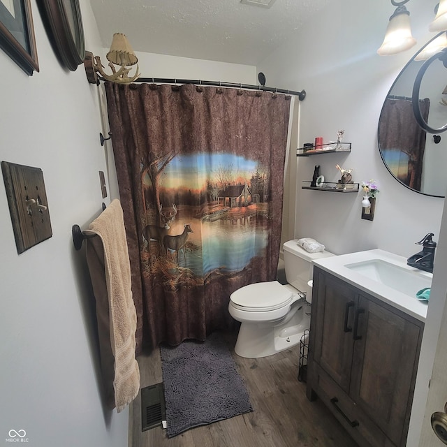 1024 Foltz St, Indianapolis, IN 46241 - bathroom featuring visible vents, a shower with shower curtain, wood finished floors, toilet, and vanity