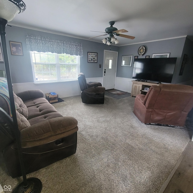 1024 Foltz St, Indianapolis, IN 46241 - carpeted living area with ornamental molding and ceiling fan